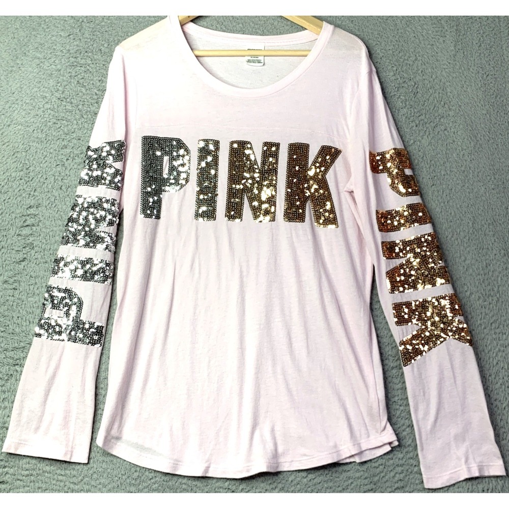 Victorias Secret Top Womens Size Medium Sequin Bling Pink Long Sleeve Spellout